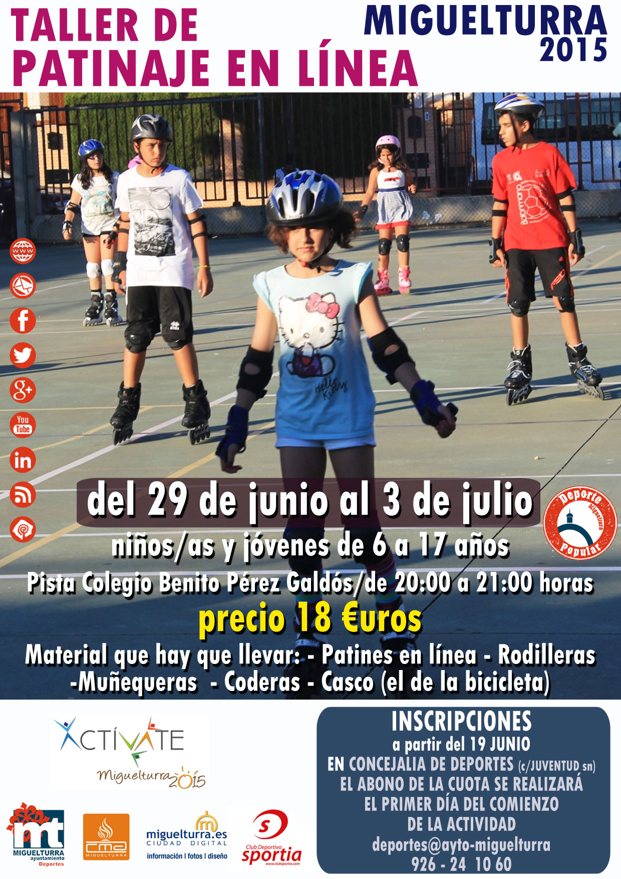 Abierto el plazo para el taller de patinaje en línea del 29 al 3 de julio en Miguelturra