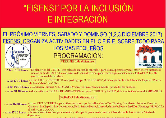 “Fisensi”, en colaboración con el Ayuntamiento, organiza actividades del viernes 1 al domingo 3 con motivo del Día Internacional de personas con discapacidad
