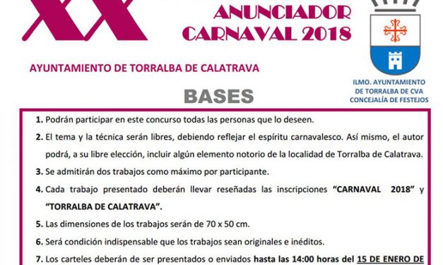 Abierto el plazo para presentar propuestas de cartel para el Carnaval 2018 de Torralba de Calatrava