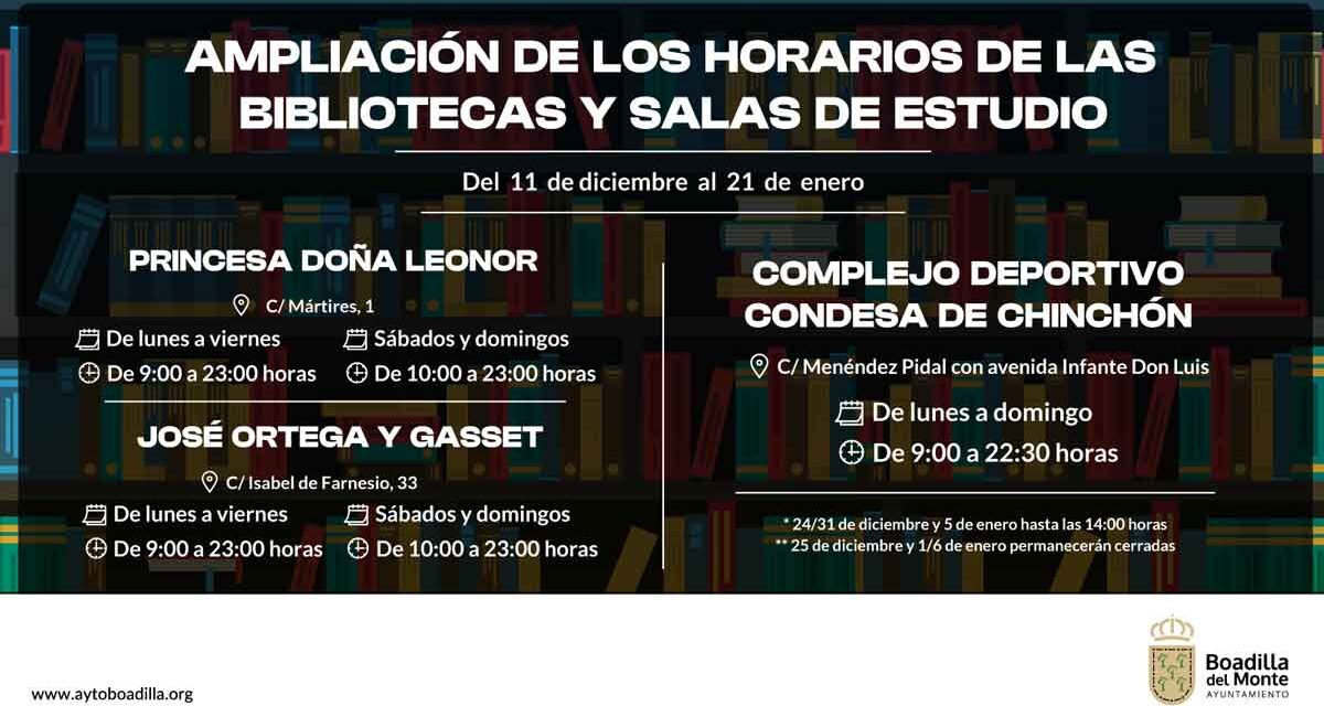 Entre el 11 de diciembre y el 21 de enero se ampliarán los horarios de las bibliotecas y salas de estudio de Boadilla